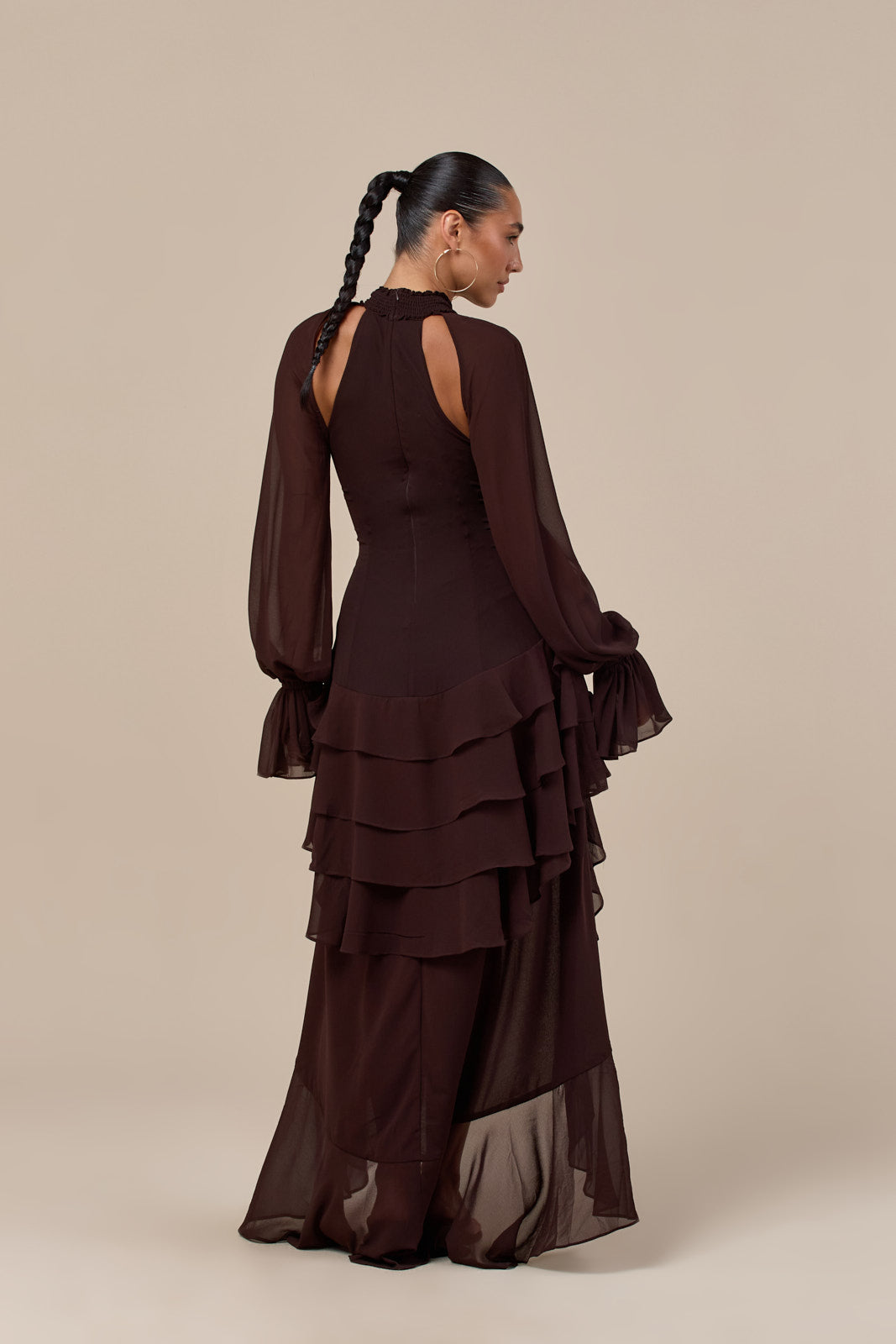 FLEUR LONG SLEEVE TIERED RUFFLE MINI DRESS | CHOCOLATE