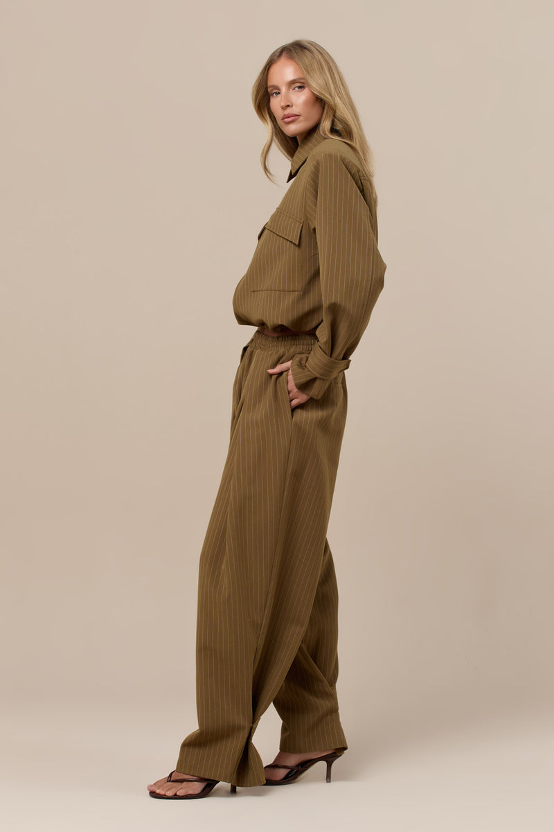 VANCE PINSTRIPE OVERSIZED JACKET WITH REMOVABLE SHOULDER PADS | OLIVE PINSTRIPE