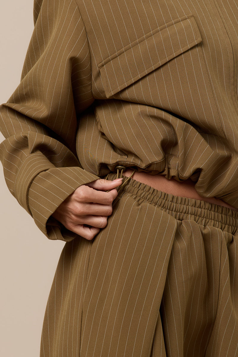 VANCE PINSTRIPE OVERSIZED JACKET WITH REMOVABLE SHOULDER PADS | OLIVE PINSTRIPE