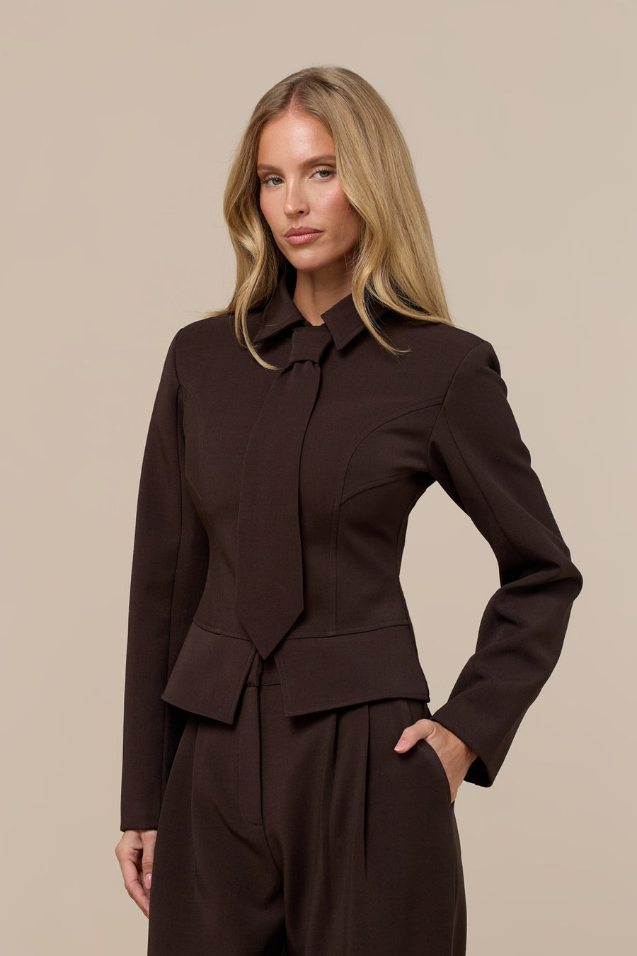 GABRIELLA ZIP UP TAILORED JACKET | CHOCOLATE