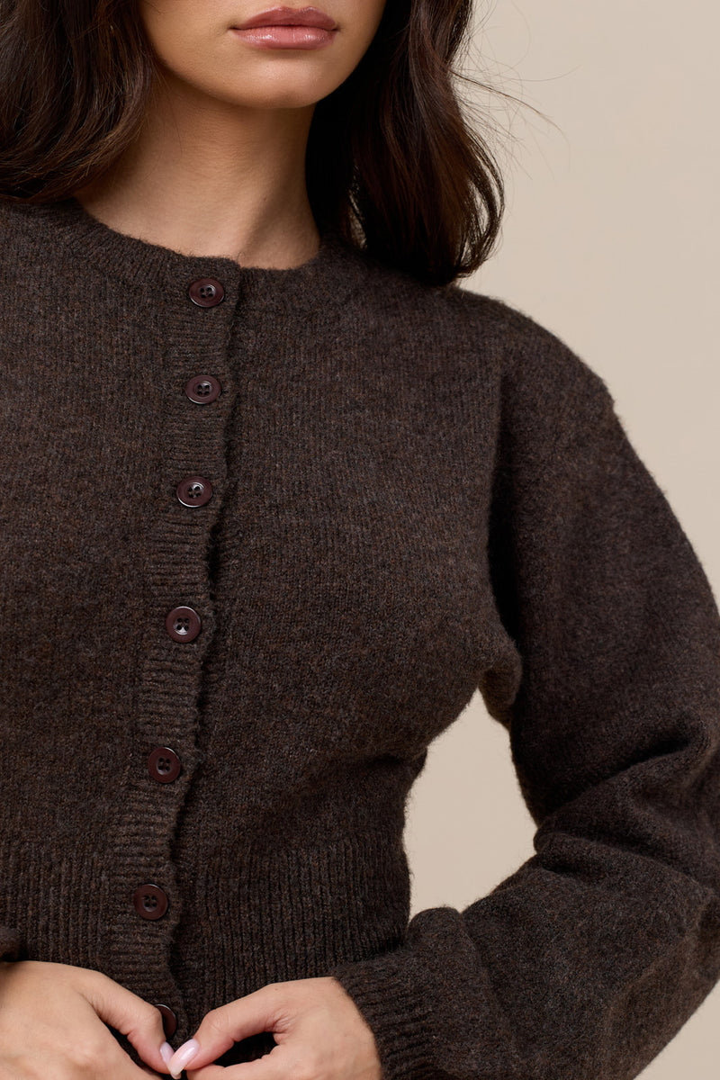 HARLOW CINCHED KNITTED CARDIGAN | CHOCOLATE