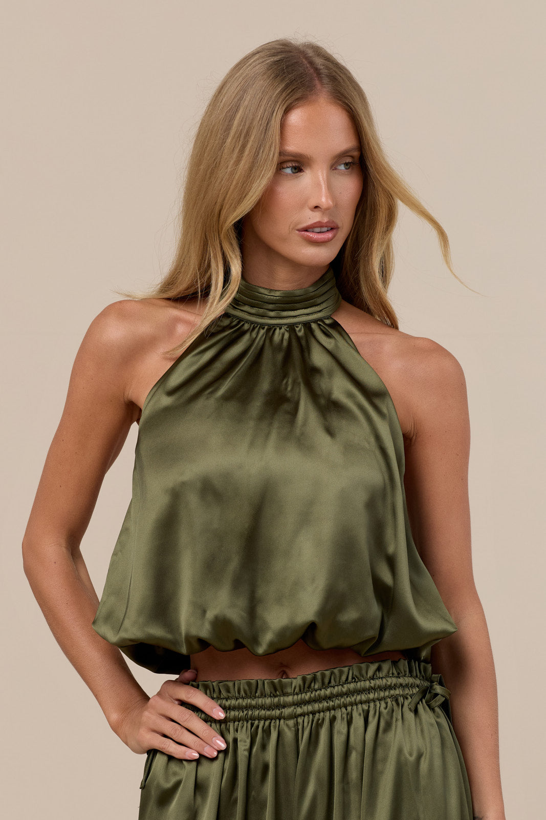 SUMMA SATIN DRAPE TOP | OLIVE