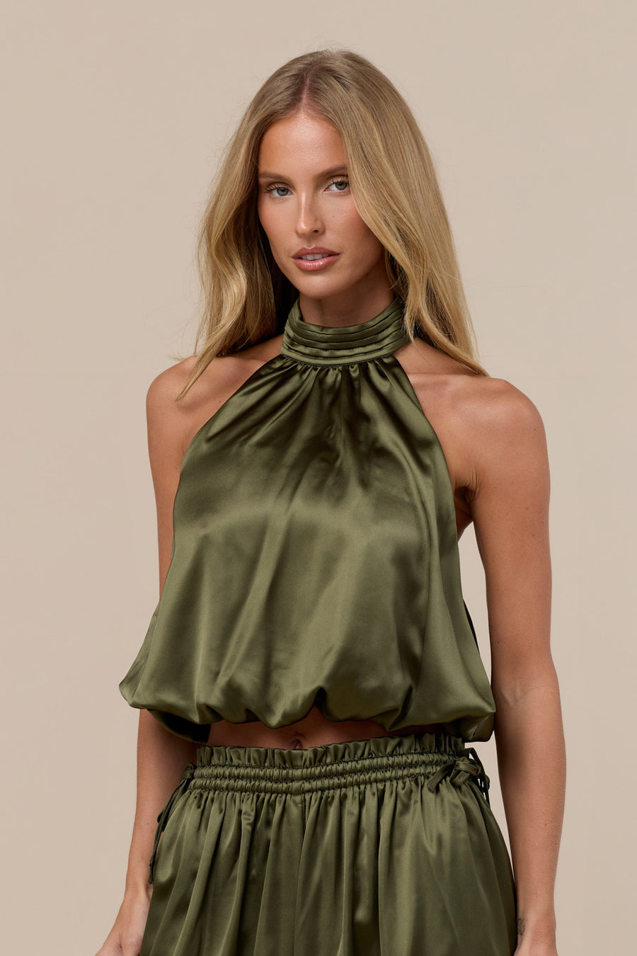 SUMMA SATIN DRAPE TOP | OLIVE