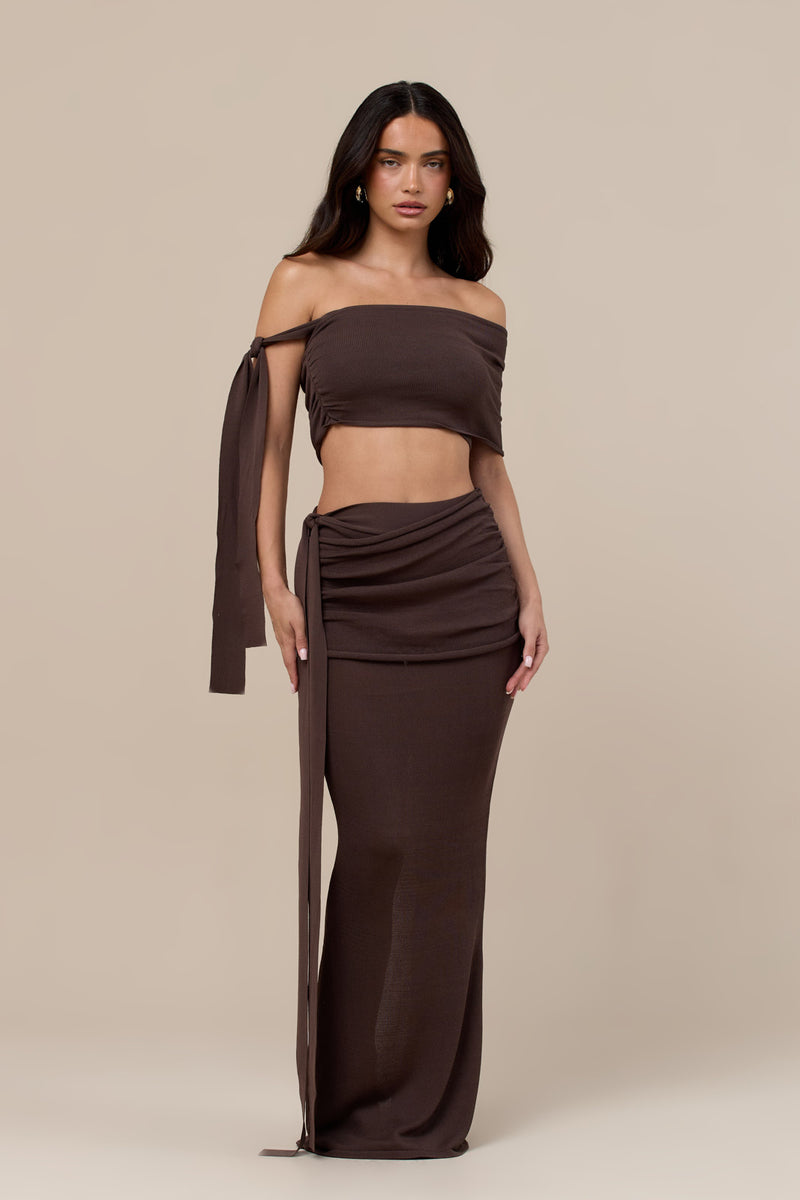 LOIS KNITTED MAXI SKIRT WITH DRAPE DETAIL | CHOCOLATE