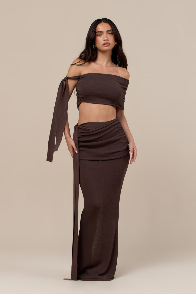LOIS KNITTED MAXI SKIRT WITH DRAPE DETAIL | CHOCOLATE