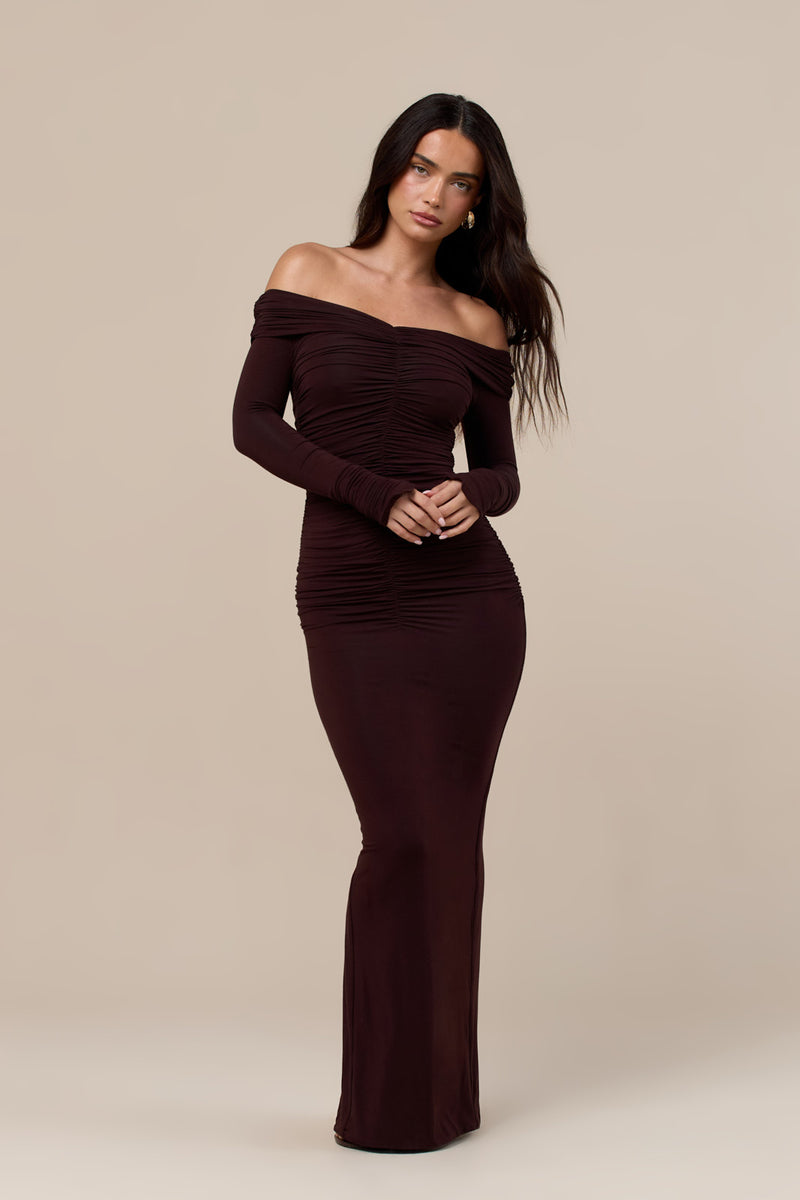 TANDIE OFF THE SHOULDER ROUCHED MAXI DRESS | CHOCOLATE