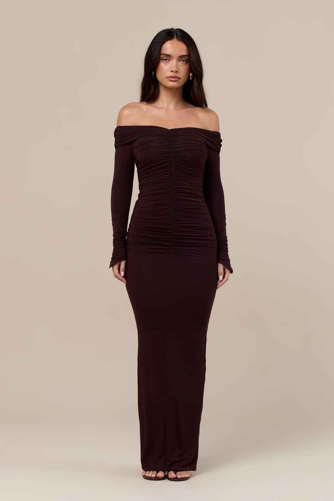 TANDIE OFF THE SHOULDER ROUCHED MAXI DRESS | CHOCOLATE