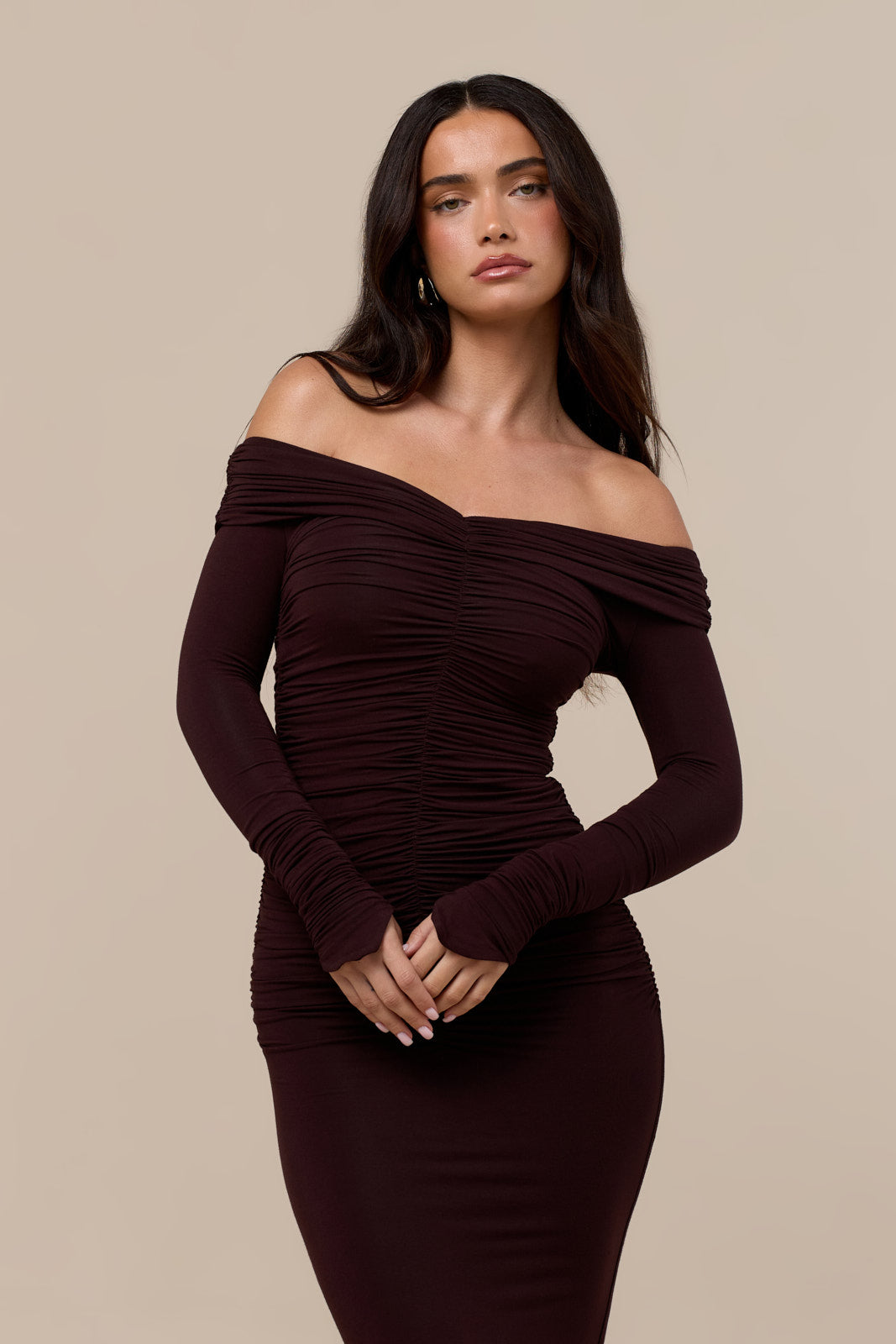 TANDIE OFF THE SHOULDER ROUCHED MAXI DRESS | CHOCOLATE