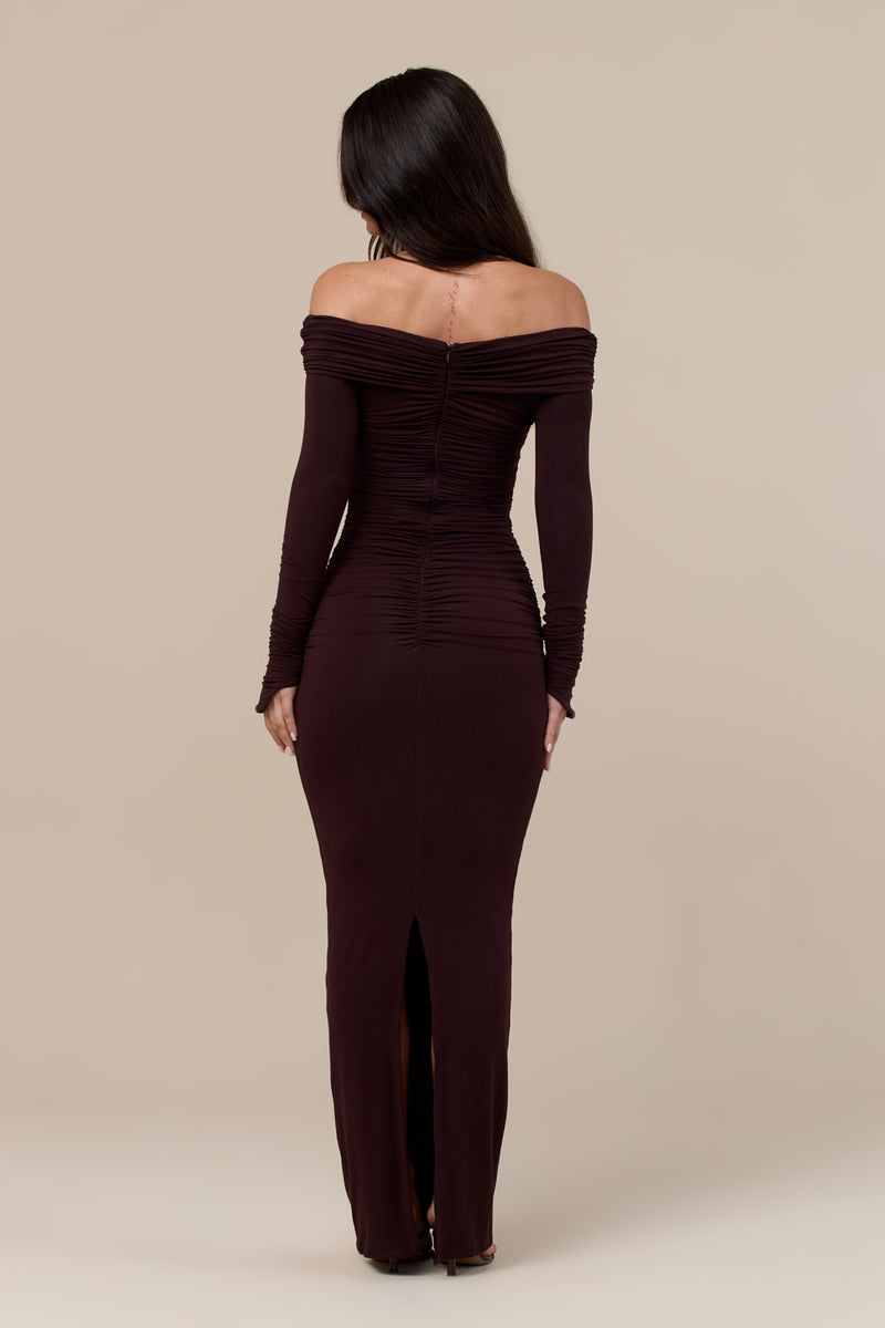 TANDIE OFF THE SHOULDER ROUCHED MAXI DRESS | CHOCOLATE