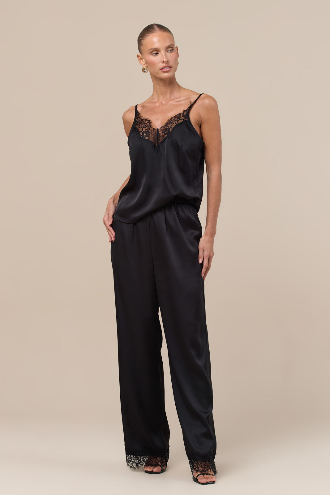 LOREN LACE TRIM SATIN TROUSERS | BLACK