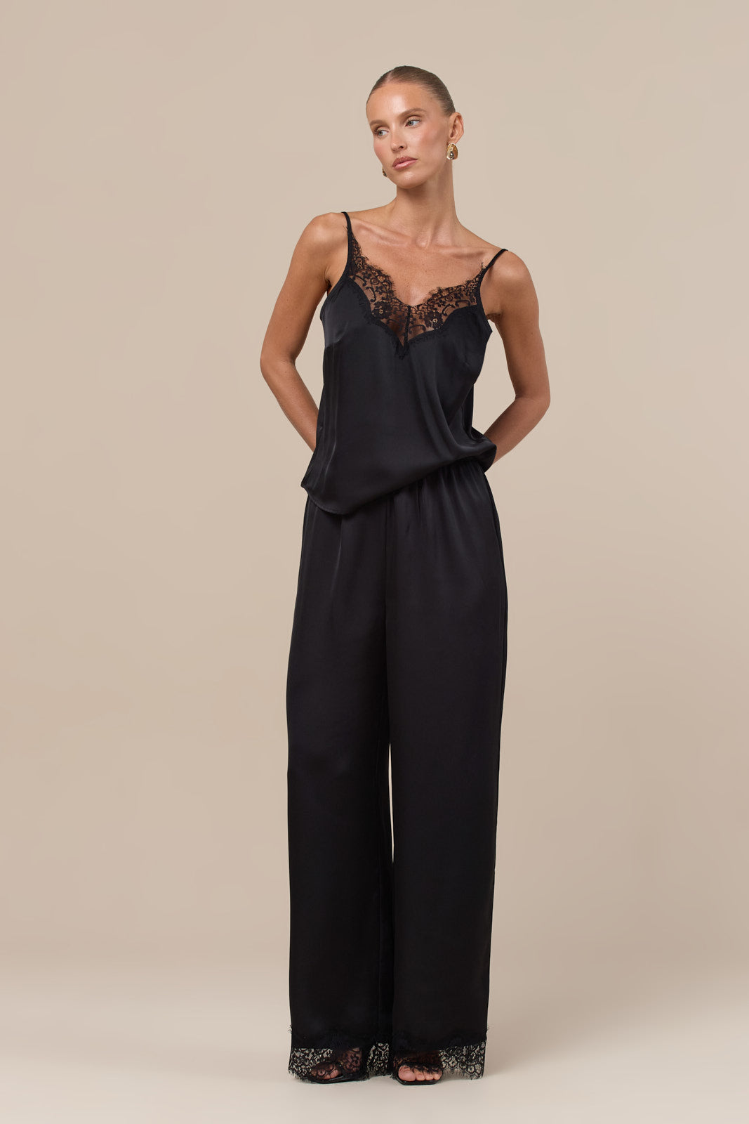 LOREN LACE TRIM SATIN TROUSERS | BLACK