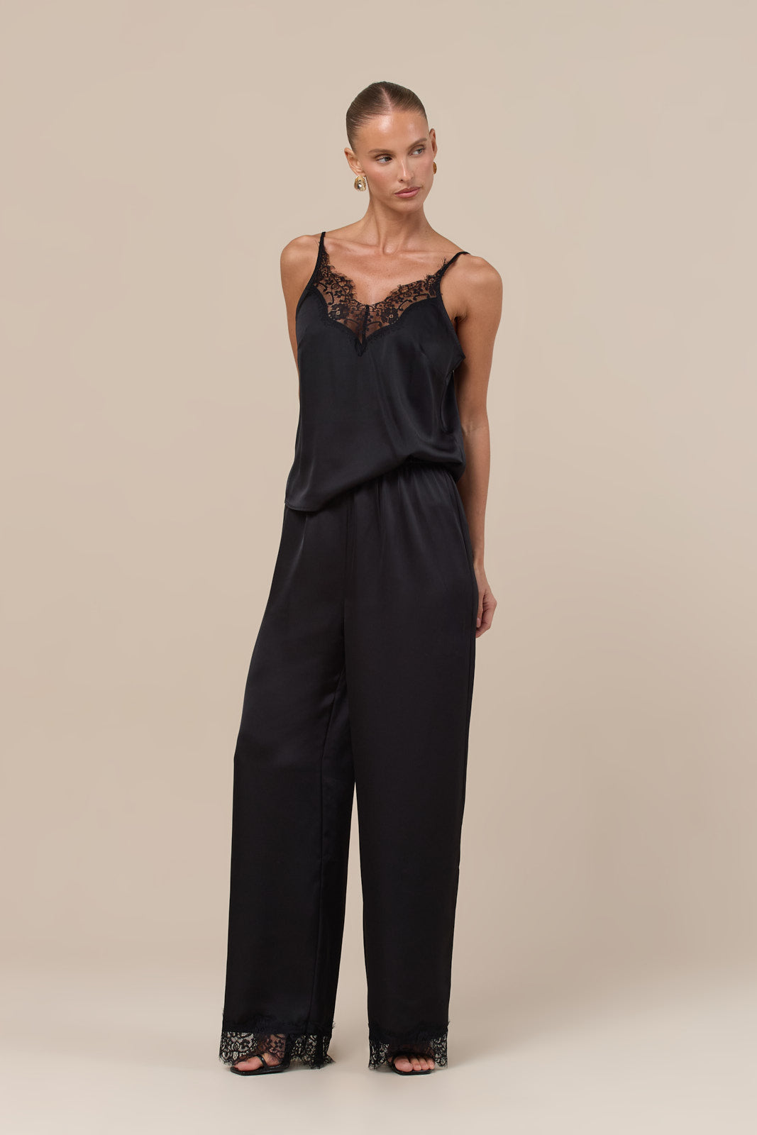 LOREN LACE TRIM SATIN TROUSERS | BLACK