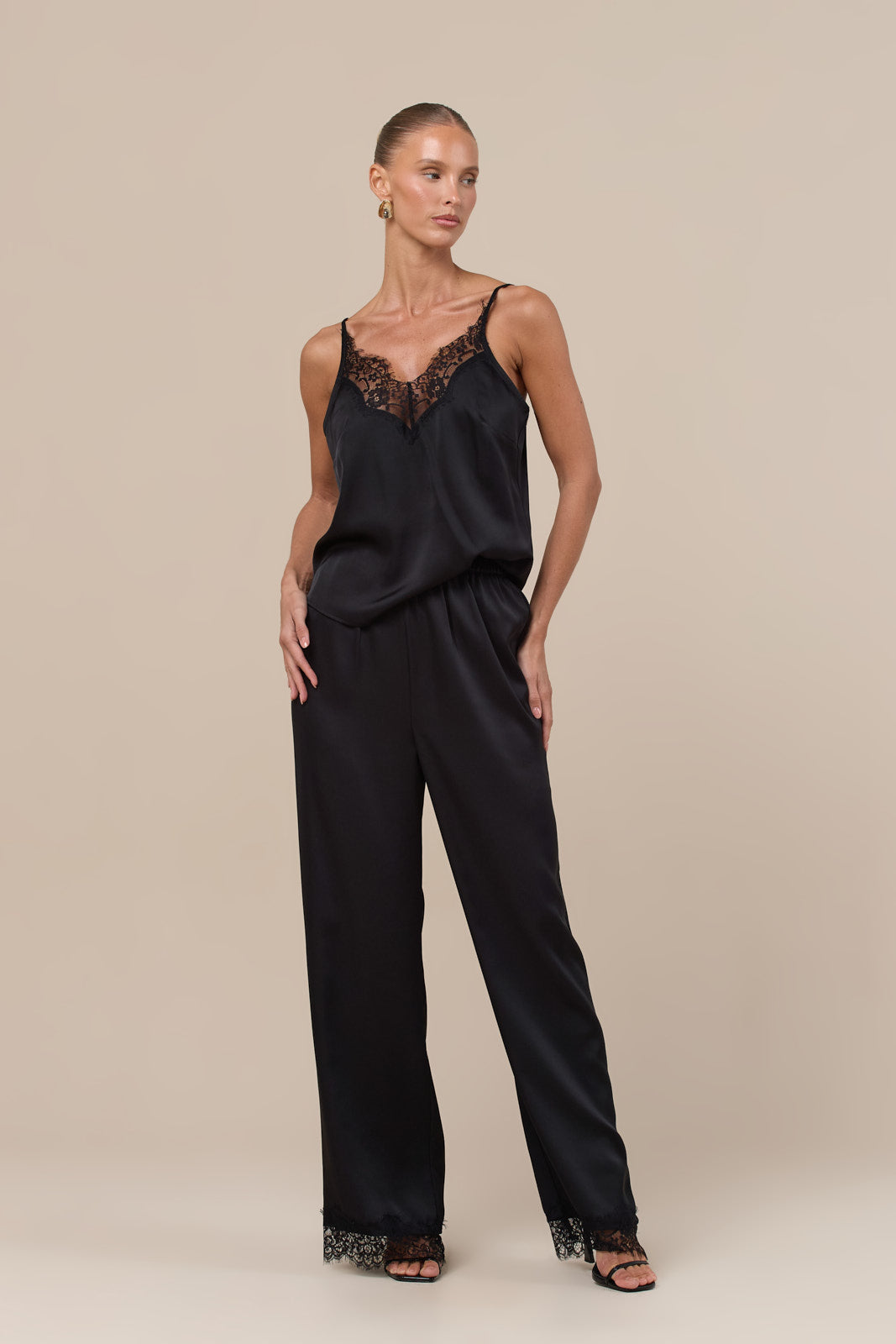 LOREN LACE TRIM SATIN TROUSERS | BLACK
