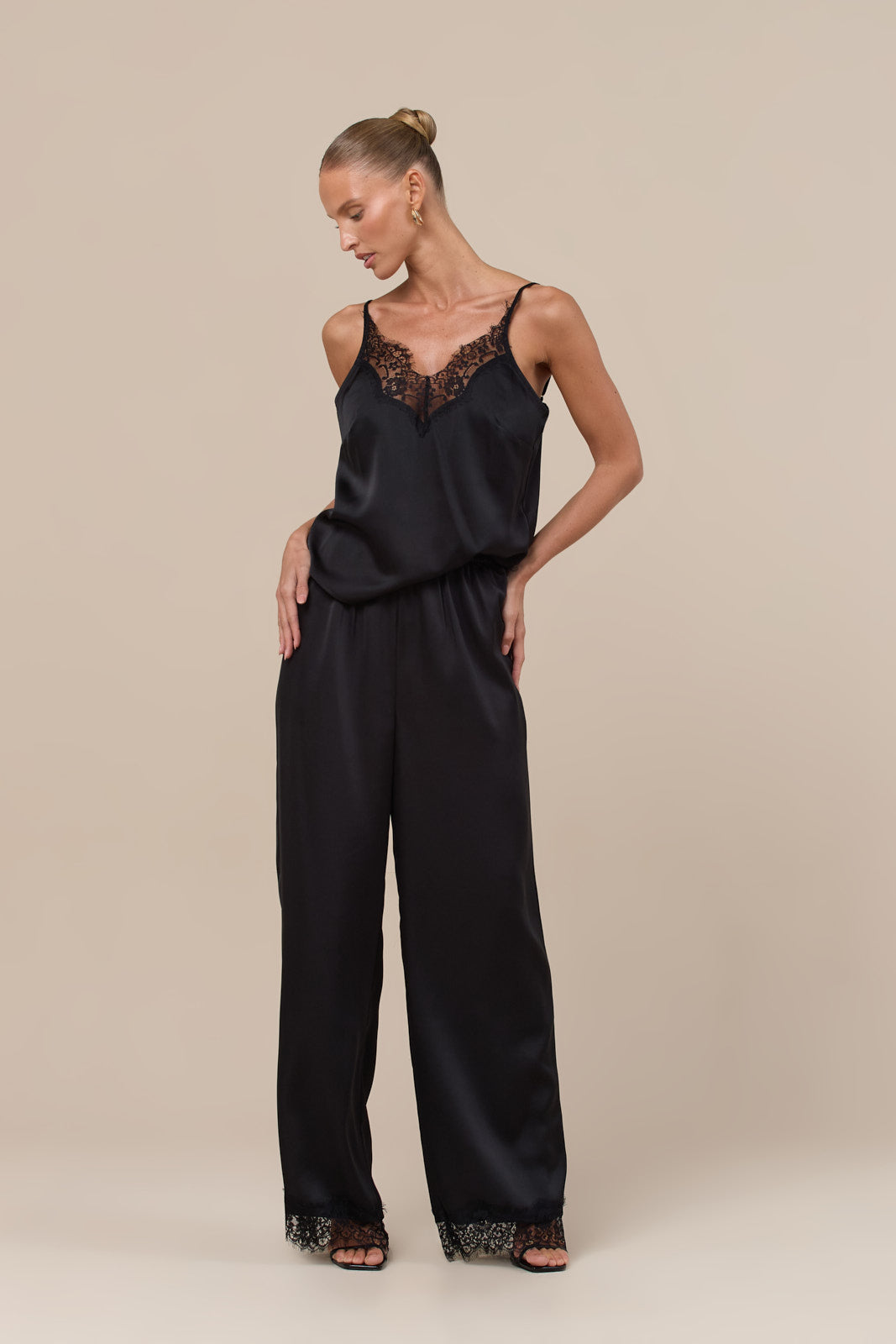 LOREN LACE TRIM SATIN TROUSERS | BLACK