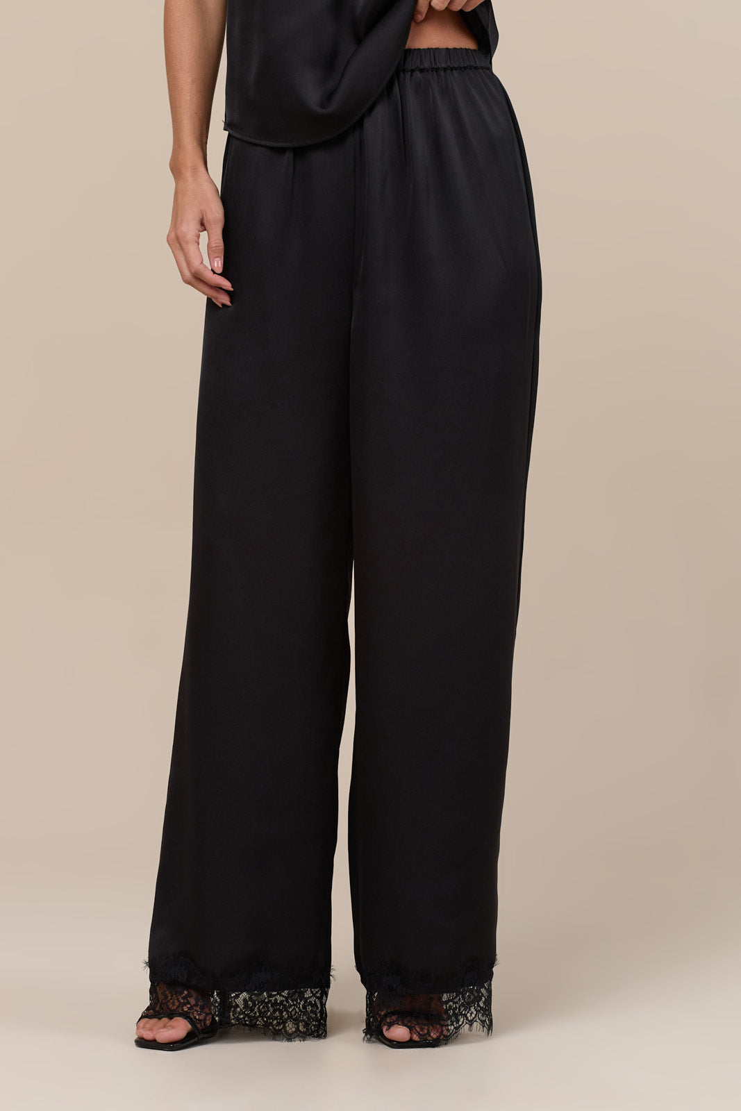 LOREN LACE TRIM SATIN TROUSERS | BLACK