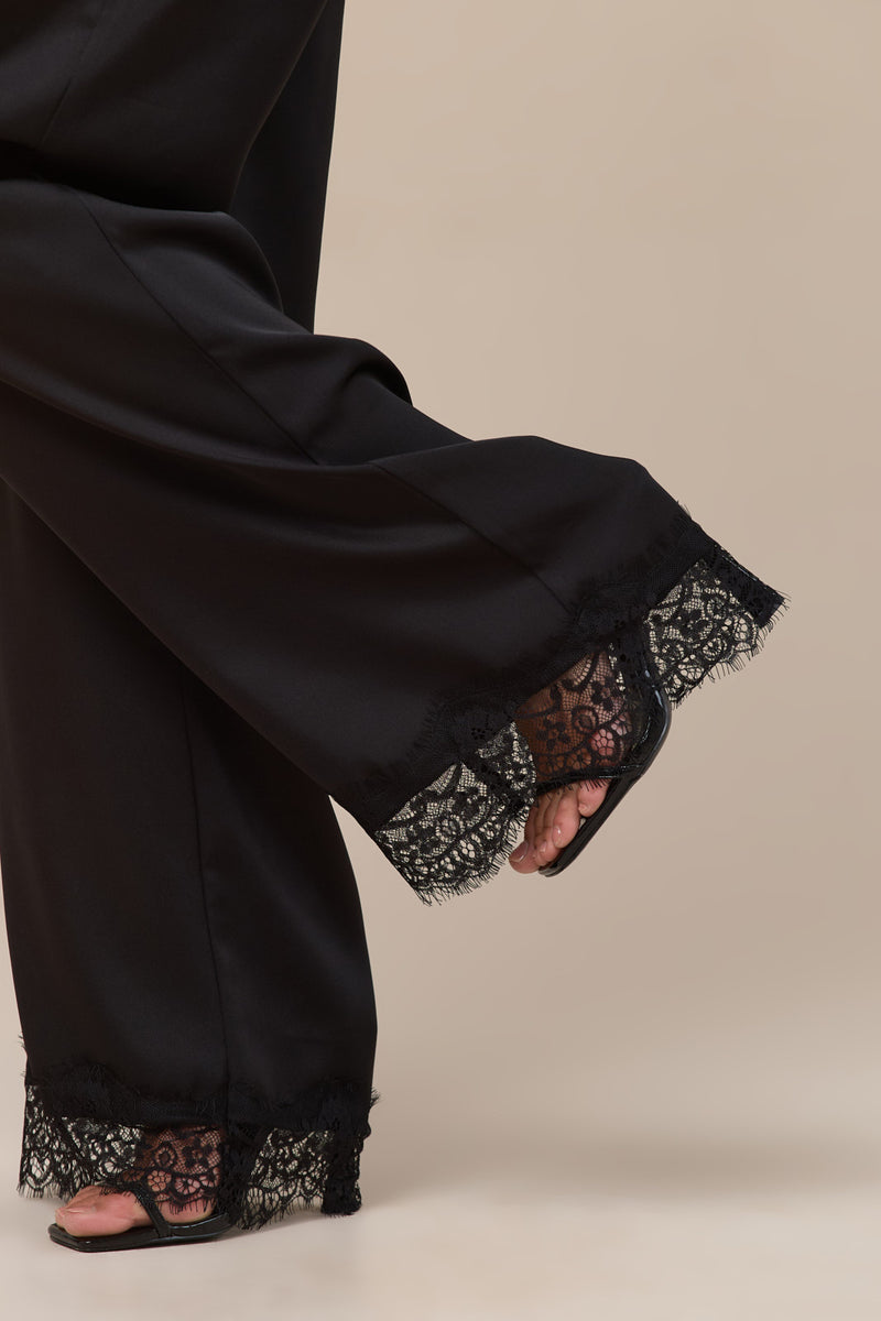 LOREN LACE TRIM SATIN TROUSERS | BLACK