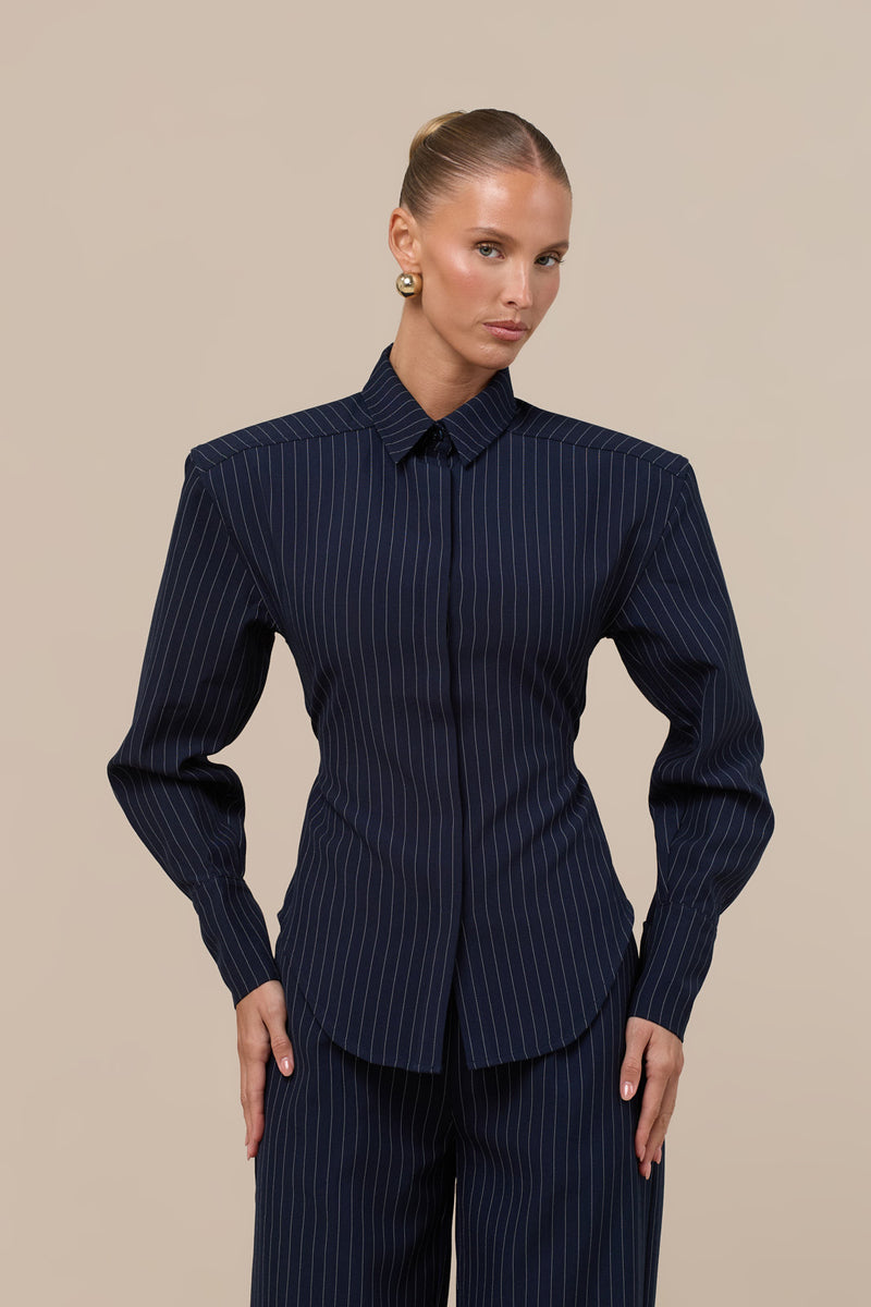 BLYTHE LONG SLEEVE PINSTRIPE SHIRT WITH TIE BACK DETAIL | NAVY