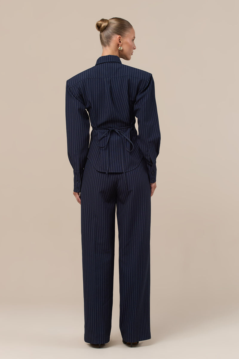 BLYTHE LONG SLEEVE PINSTRIPE SHIRT WITH TIE BACK DETAIL | NAVY