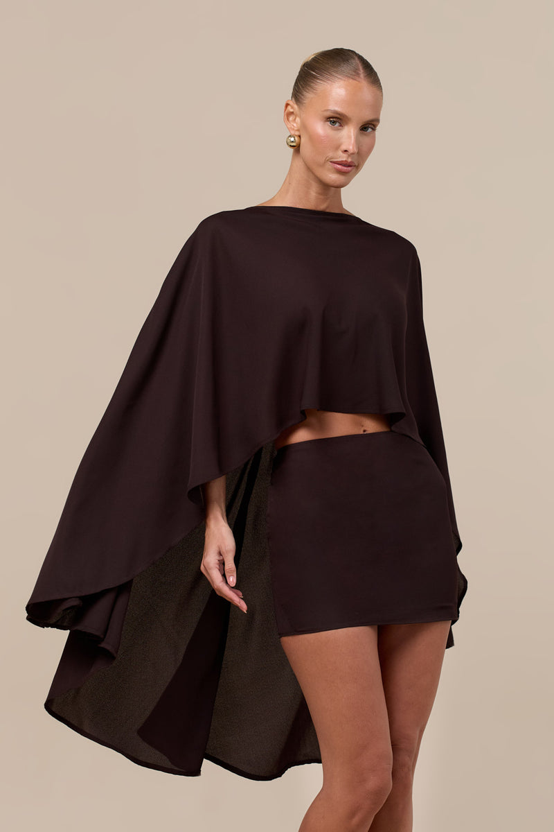 CLEO SHEER DRAPE DETAIL CAPE TOP | CHOCOLATE