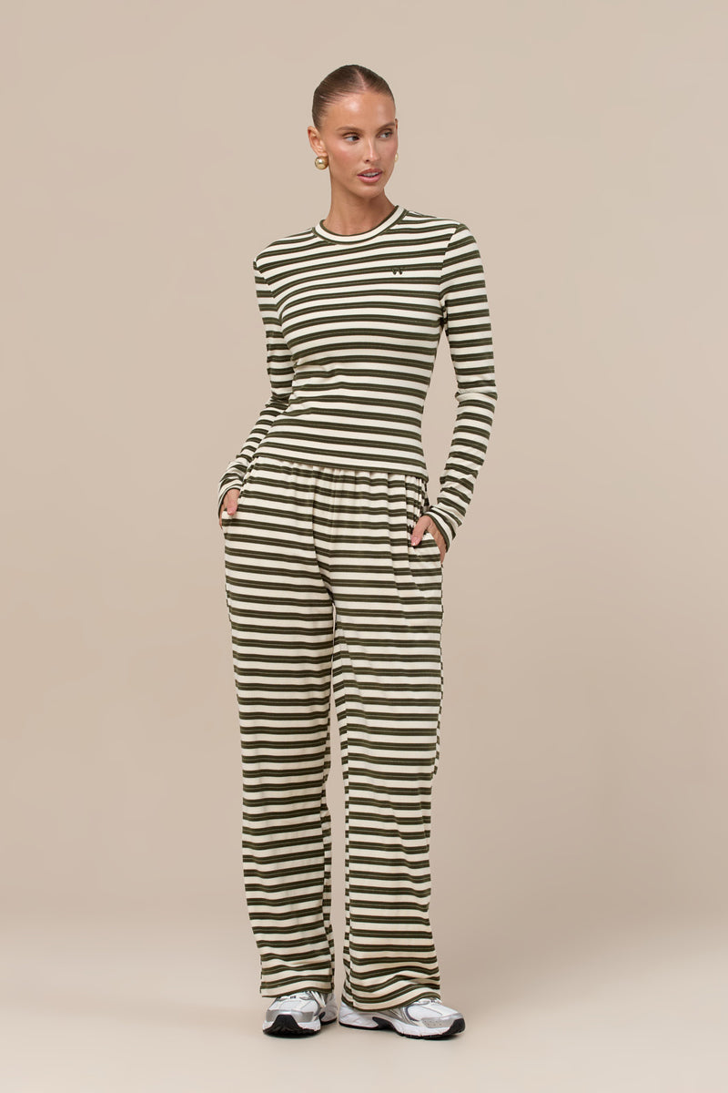 FRANKIE LONG SLEEVE ROUND NECK TOP | CREAM & KHAKI STRIPE