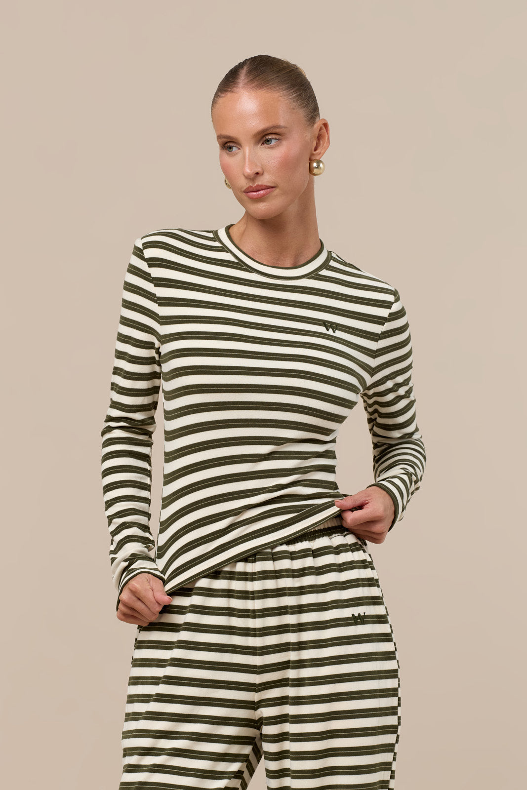FRANKIE LONG SLEEVE ROUND NECK TOP | CREAM & KHAKI STRIPE
