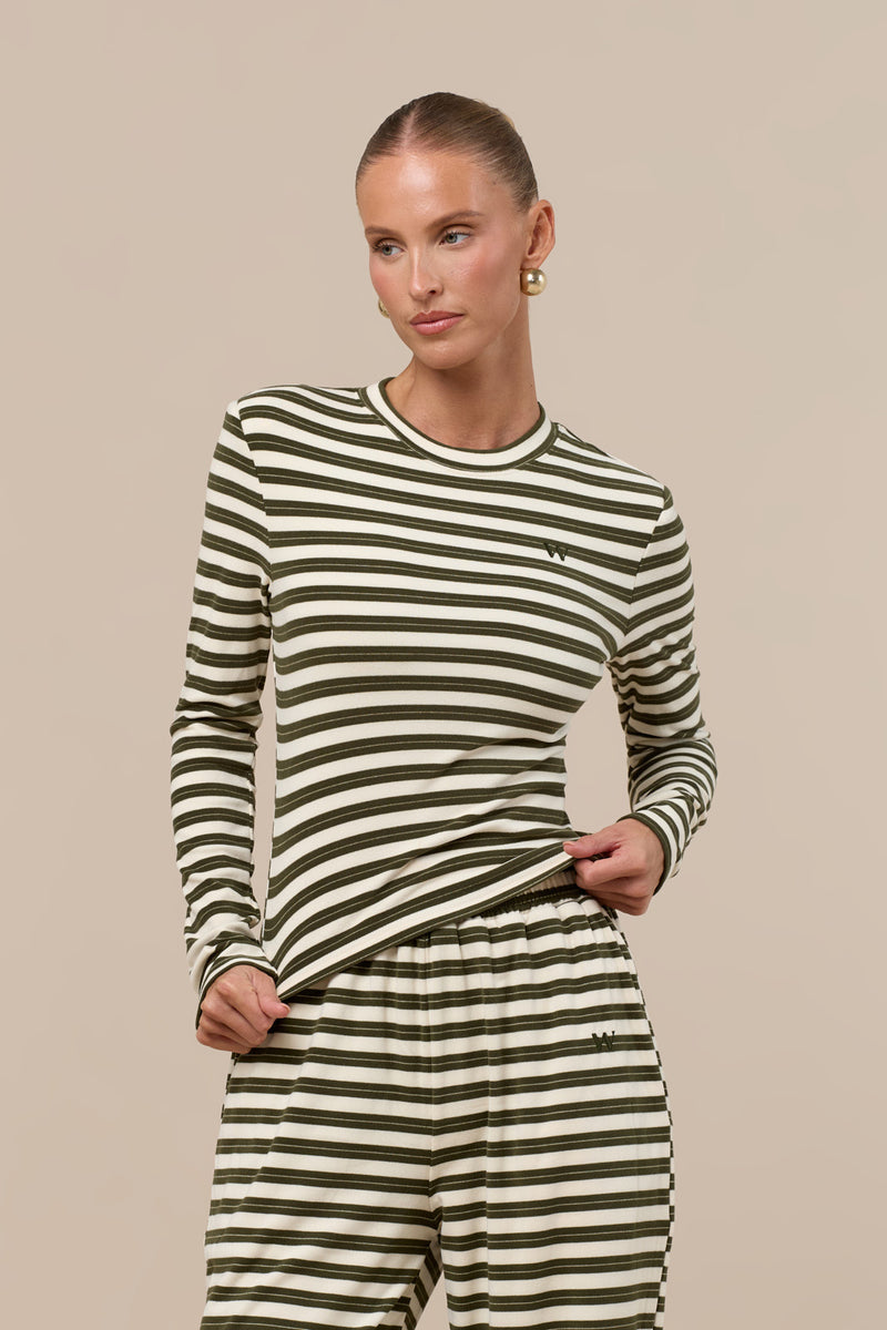FRANKIE LONG SLEEVE ROUND NECK TOP | CREAM & KHAKI STRIPE