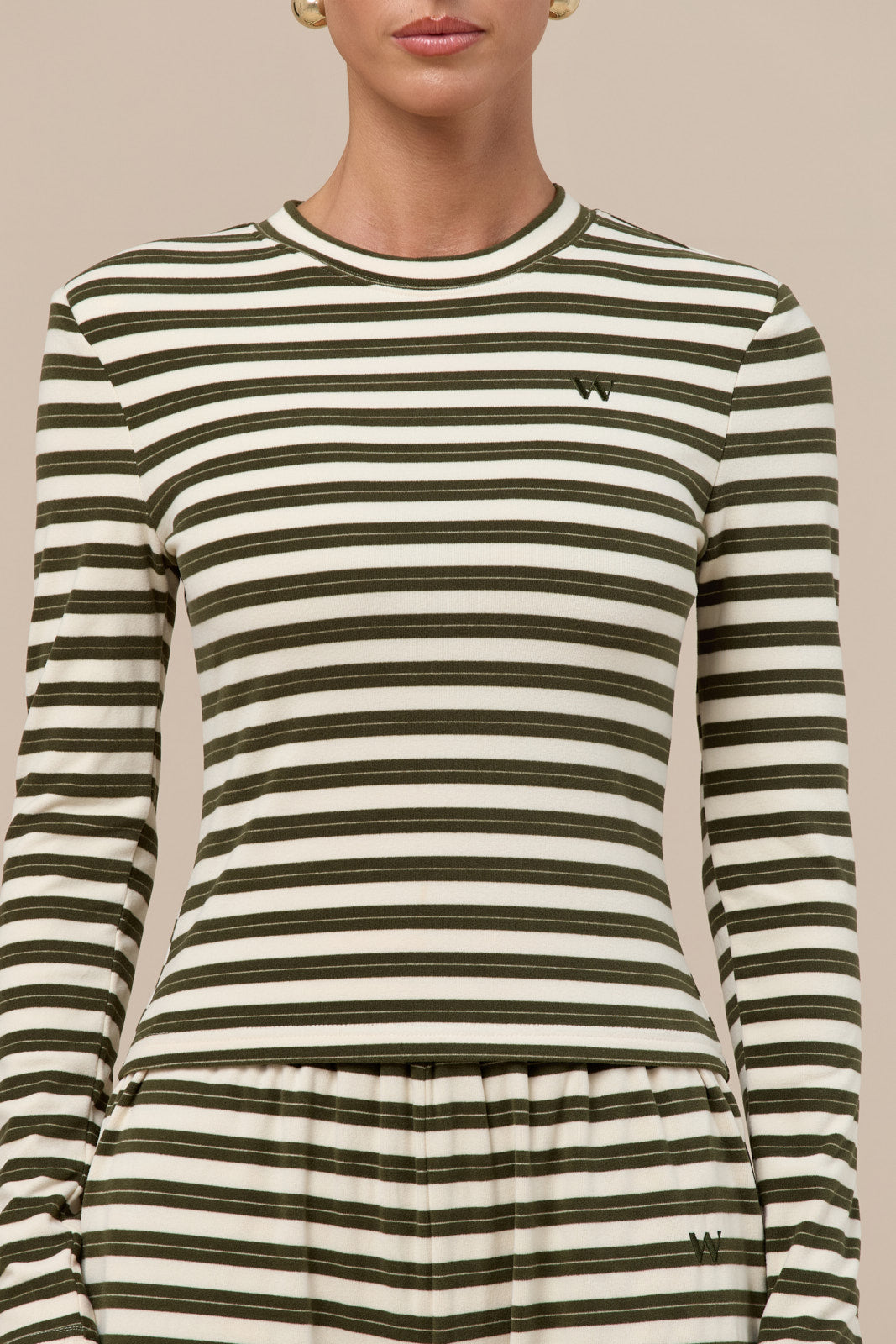 FRANKIE LONG SLEEVE ROUND NECK TOP | CREAM & KHAKI STRIPE