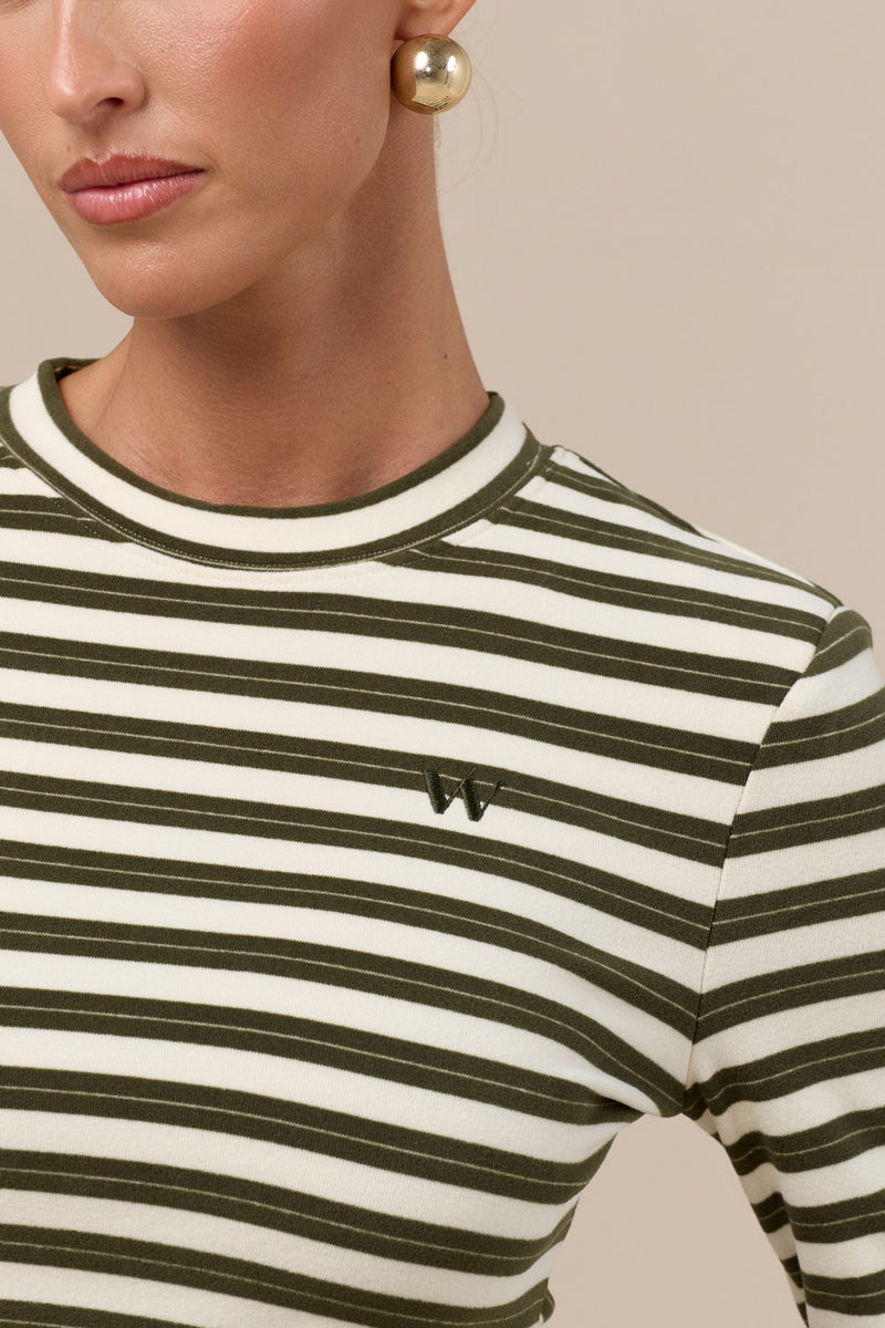 FRANKIE LONG SLEEVE ROUND NECK TOP | CREAM & KHAKI STRIPE