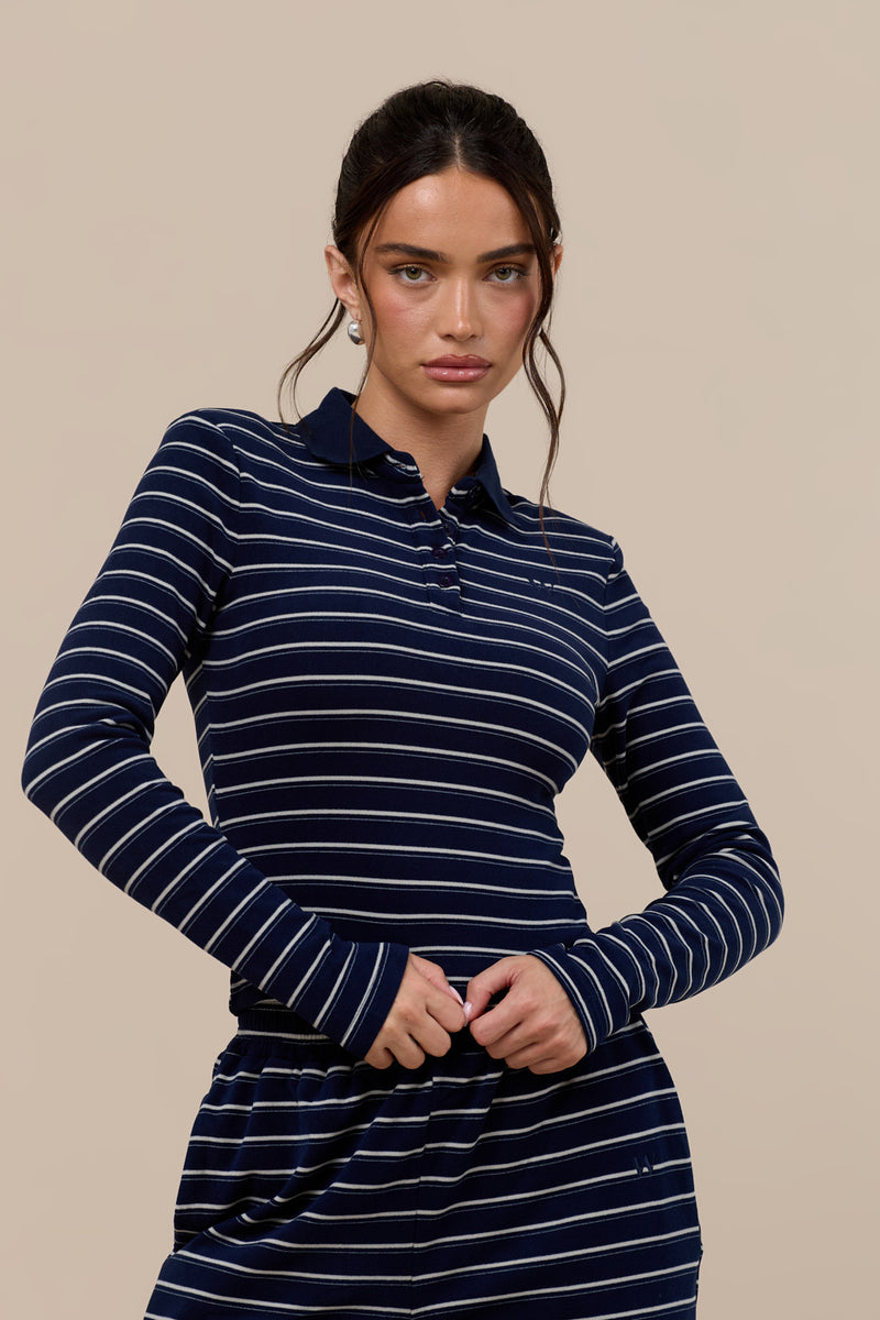 FRANKIE LONG SLEEVE POLO TOP | NAVY STRIPE