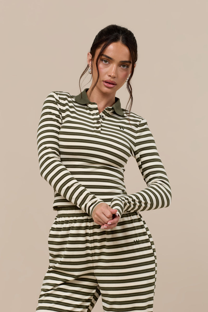 FRANKIE LONG SLEEVE POLO TOP | CREAM & KHAKI STRIPE