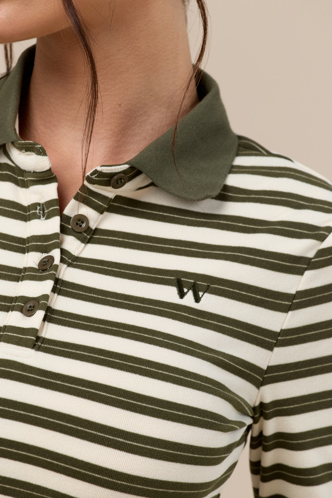 FRANKIE LONG SLEEVE POLO TOP | CREAM & KHAKI STRIPE