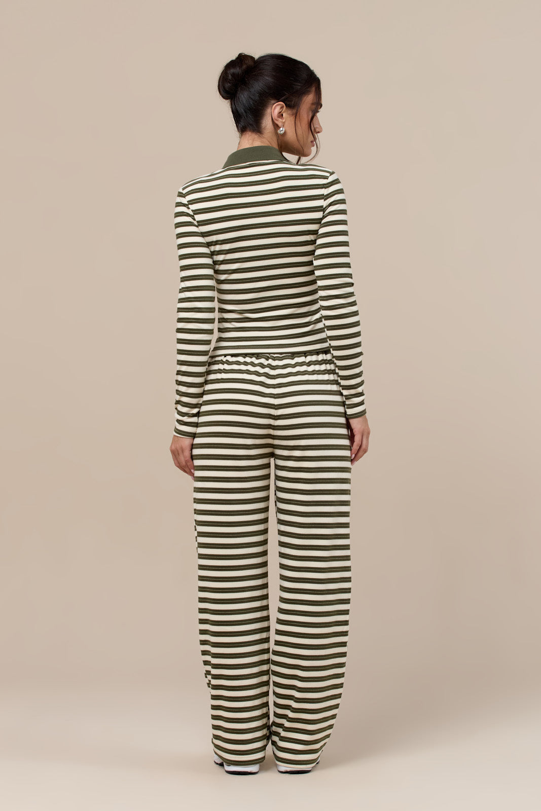 FRANKIE LONG SLEEVE POLO TOP | CREAM & KHAKI STRIPE