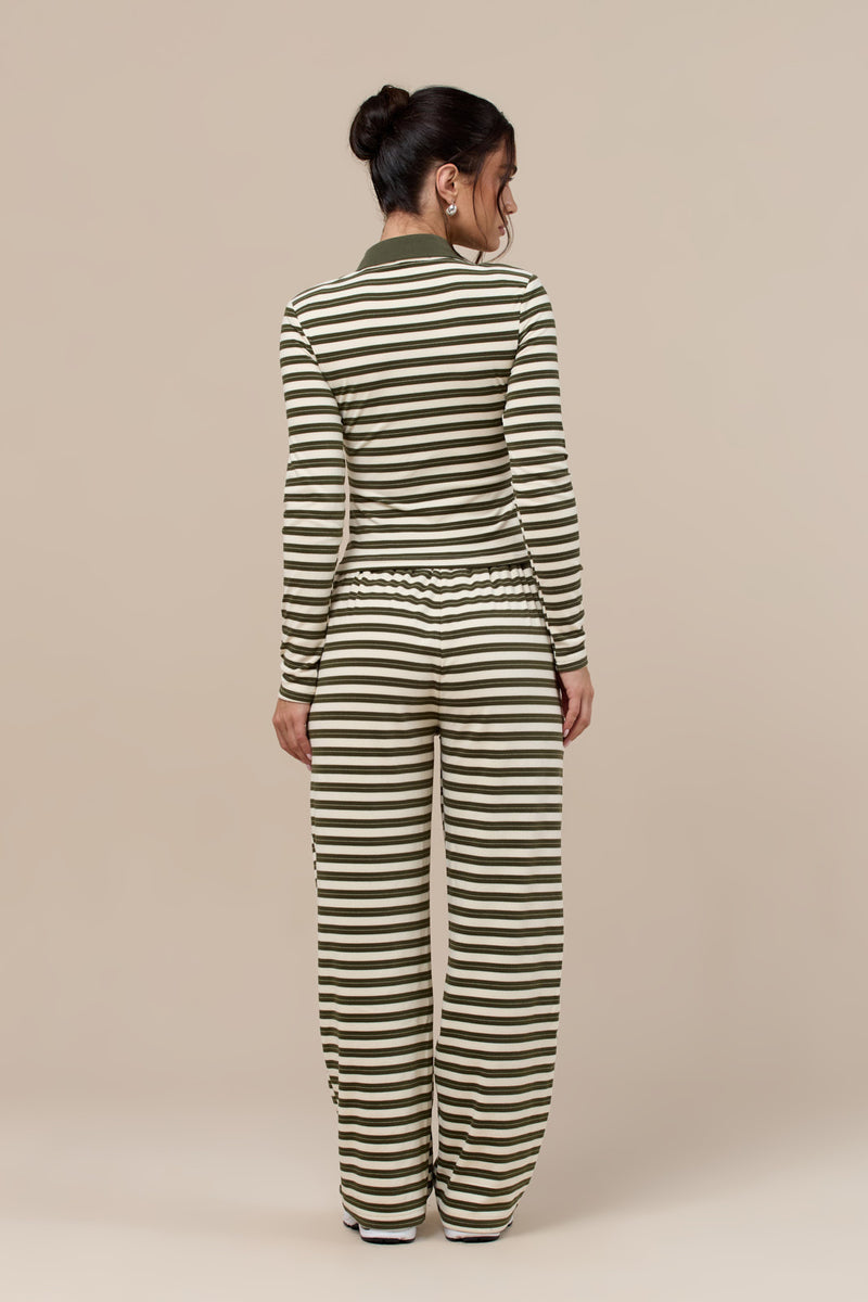 FRANKIE LONG SLEEVE POLO TOP | CREAM & KHAKI STRIPE