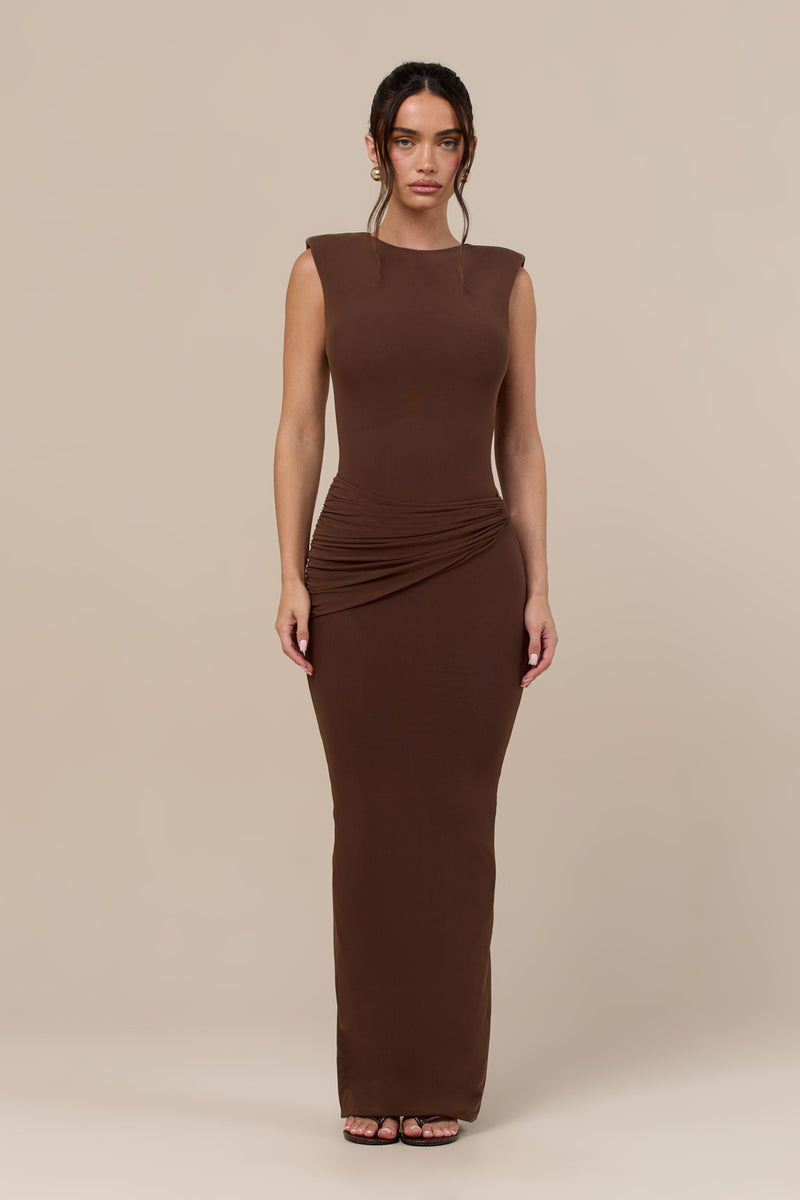 BRONTE SLEEVELESS MAXI DRESS WITH GOLD BUCKLE DETAIL | CHOCOLATE BROWN
