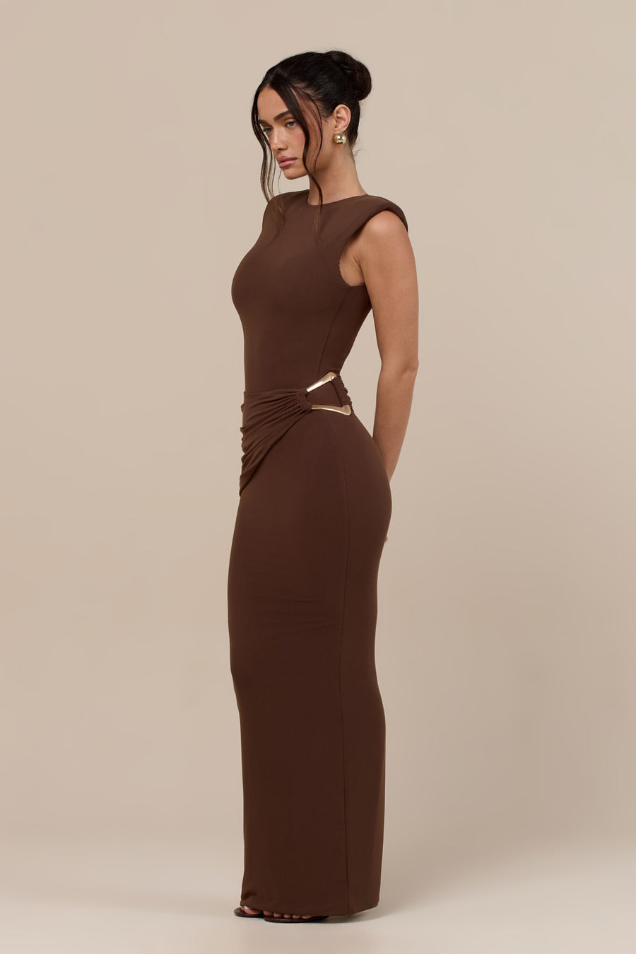 BRONTE SLEEVELESS MAXI DRESS WITH GOLD BUCKLE DETAIL | CHOCOLATE BROWN