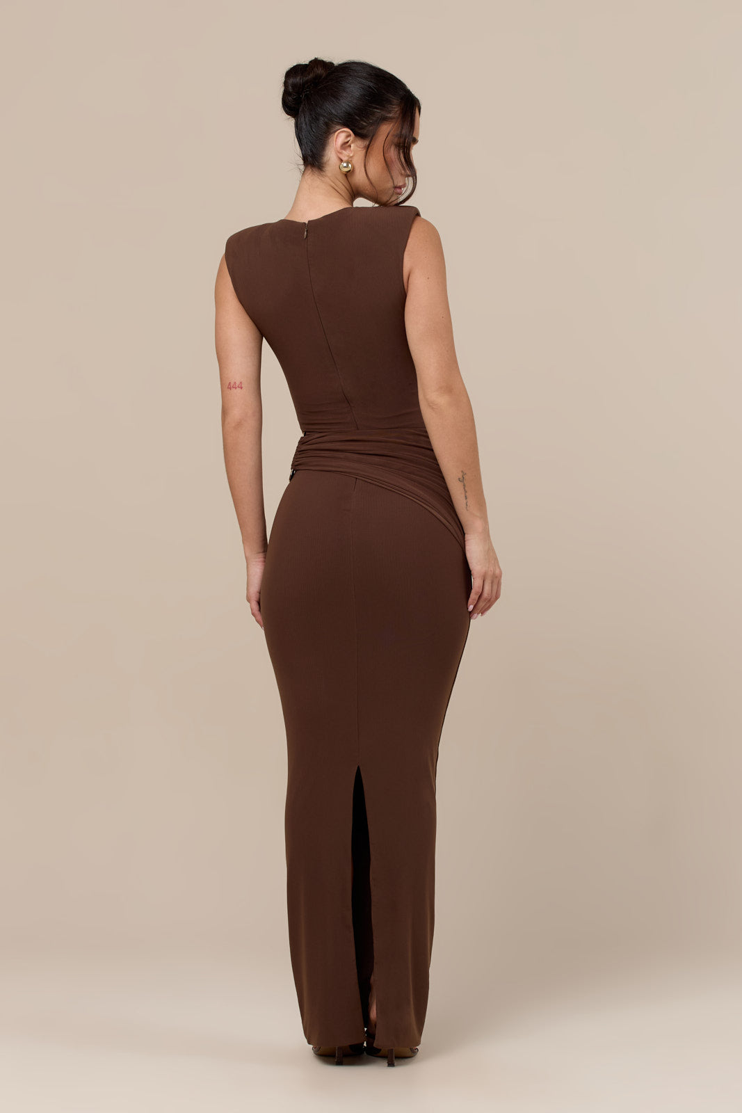 BRONTE SLEEVELESS MAXI DRESS WITH GOLD BUCKLE DETAIL | CHOCOLATE BROWN