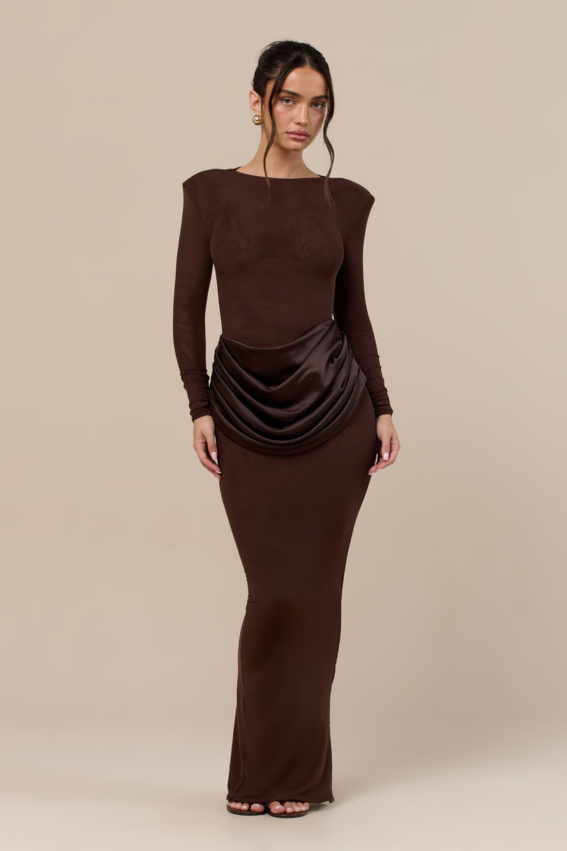 EMAN LONG SLEEVE MAXI DRESS WITH SATIN DRAPED WAIST DETAIL | CHOCOLATE