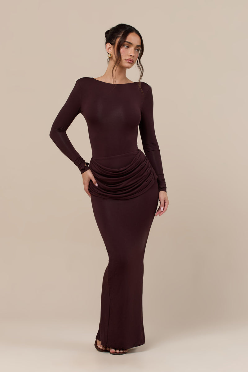 ASHTIN MAXI SKIRT WITH DRAPED RUCHED FRONT DETAIL | ESPRESSO