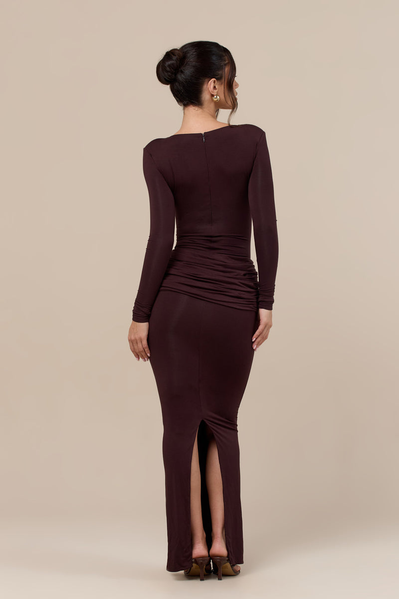 ASHTIN MAXI SKIRT WITH DRAPED RUCHED FRONT DETAIL | ESPRESSO