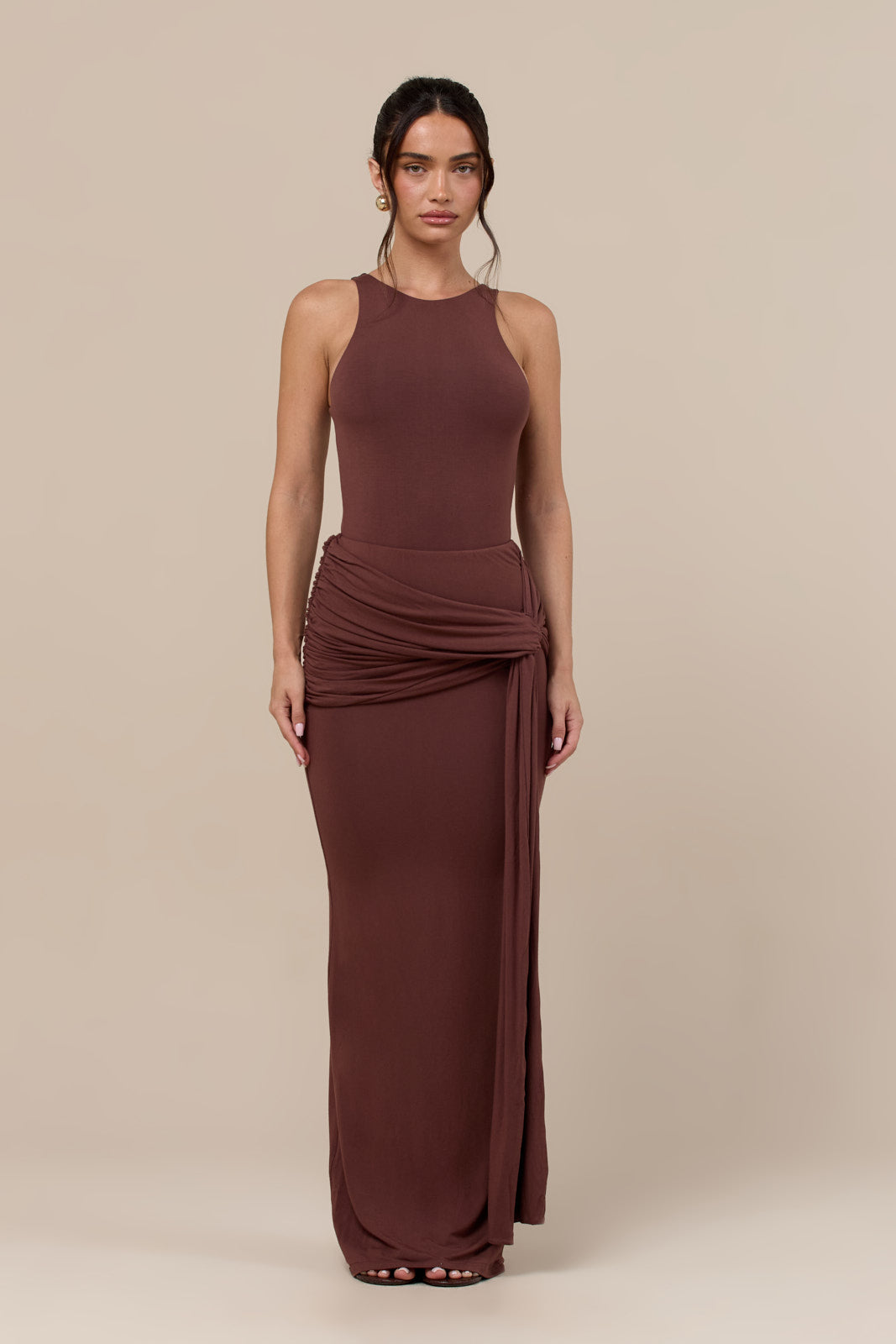 BELLA HIGH WAISTED MAXI SKIRT WITH WRAP SASH | CHOCOLATE