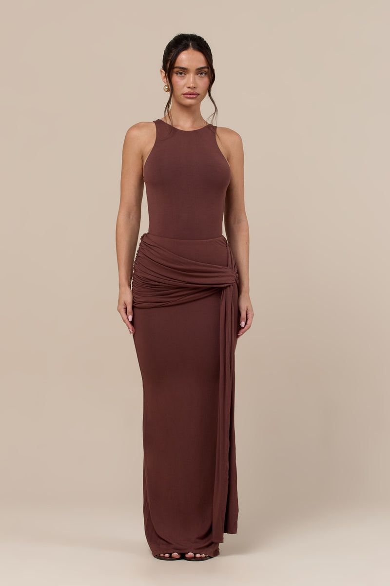 BELLA HIGH WAISTED MAXI SKIRT WITH WRAP SASH | CHOCOLATE
