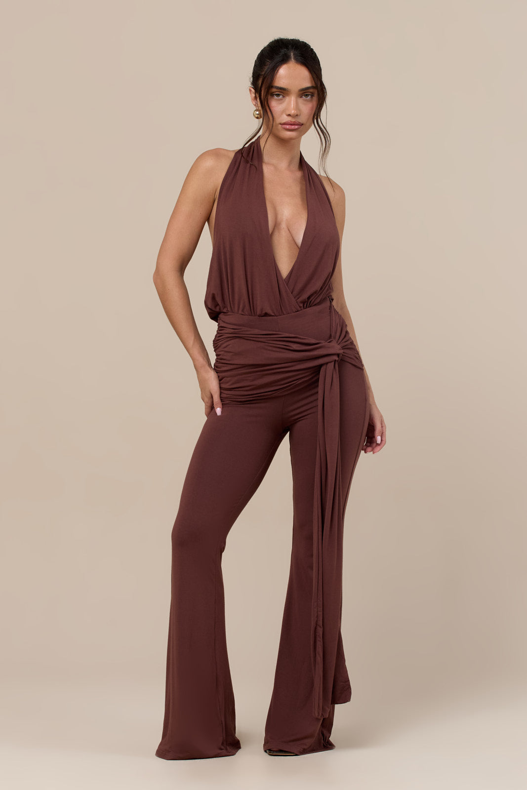 BELLA HIGH WAISTED FLARED TROUSERS WITH WRAP SASH | CHOCOLATE