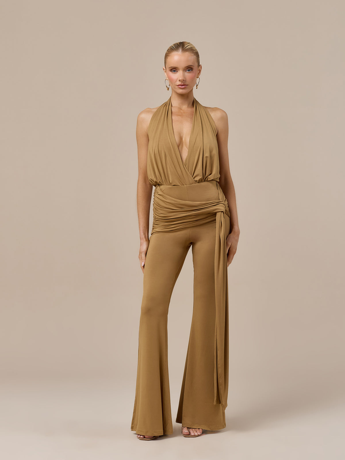 BELLA HIGH WAISTED FLARED TROUSERS WITH WRAP SASH | GOLDEN BROWN
