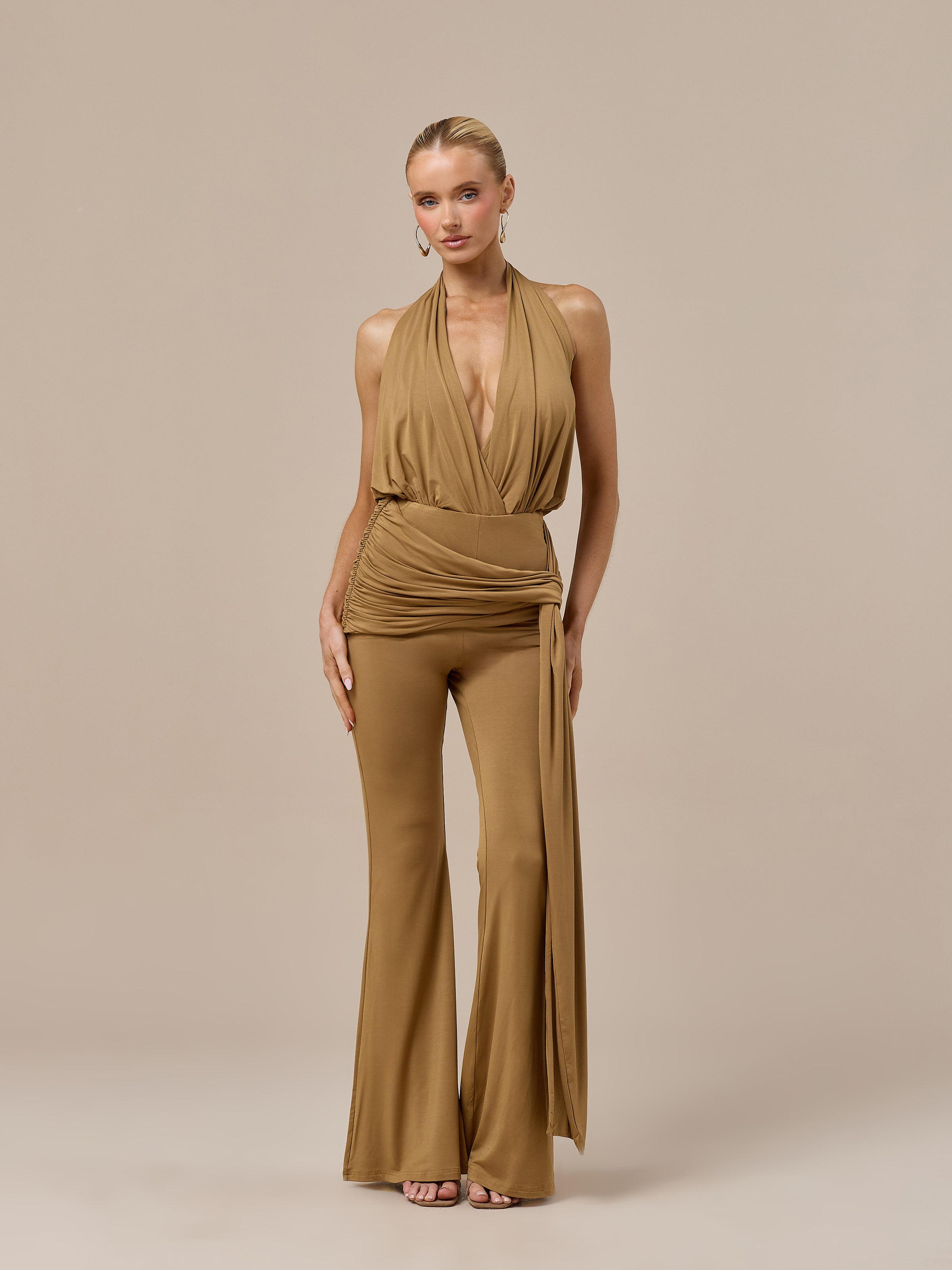 BELLA HIGH WAISTED FLARED TROUSERS WITH WRAP SASH | GOLDEN BROWN