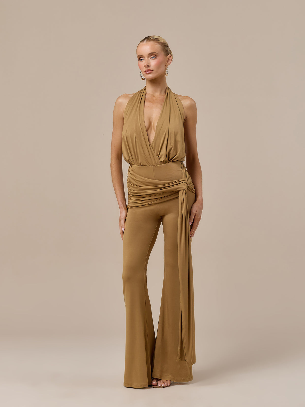 BELLA HIGH WAISTED FLARED TROUSERS WITH WRAP SASH | GOLDEN BROWN