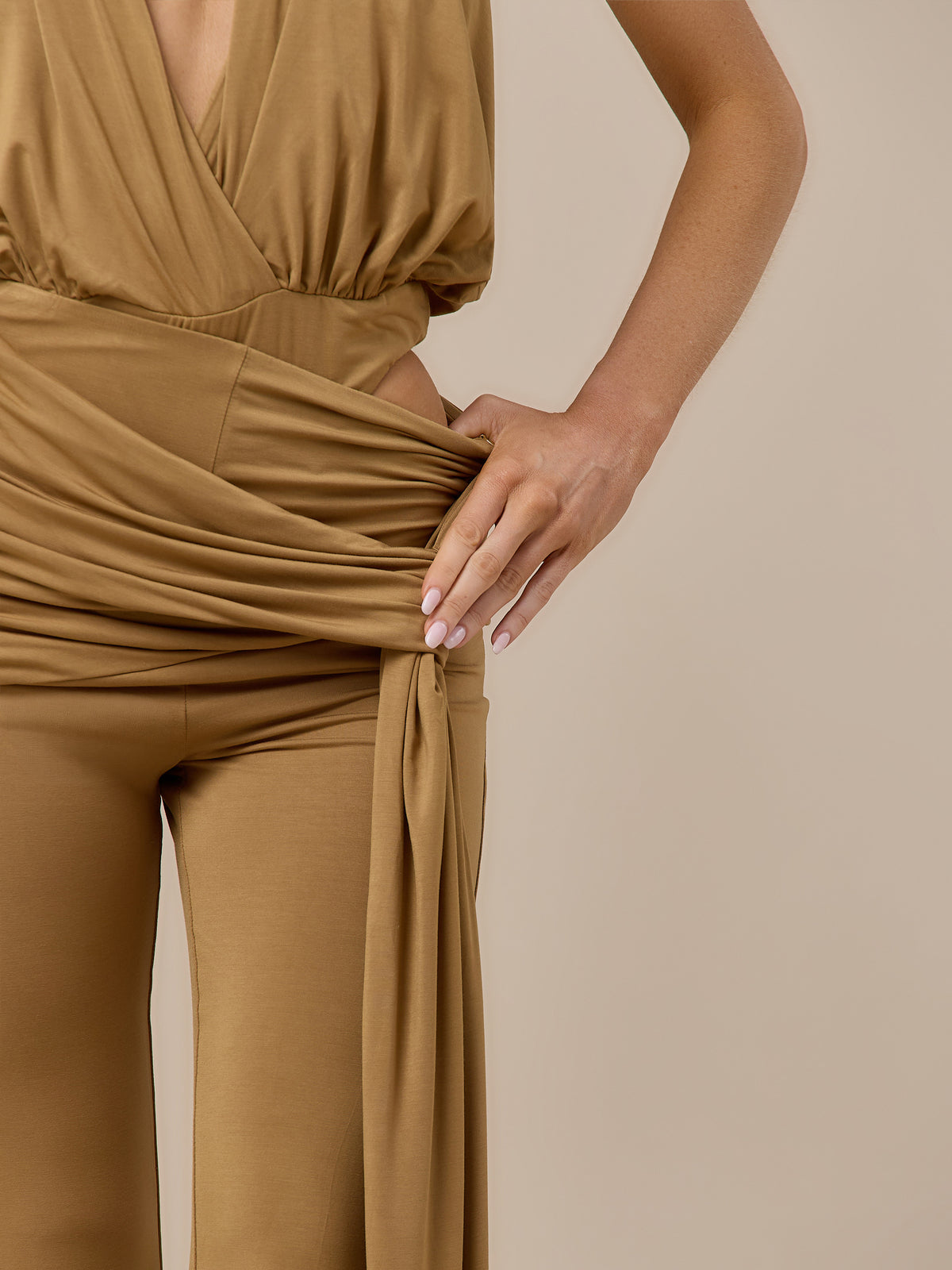 BELLA HIGH WAISTED FLARED TROUSERS WITH WRAP SASH | GOLDEN BROWN