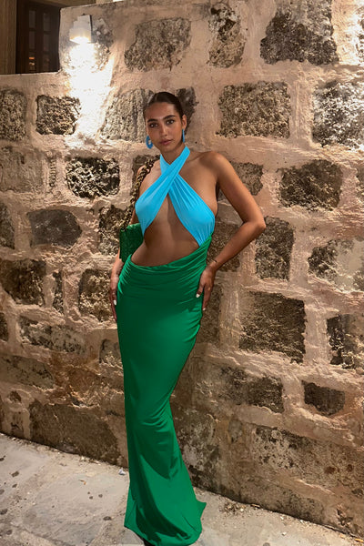 Madison Dress in Aqua & Green