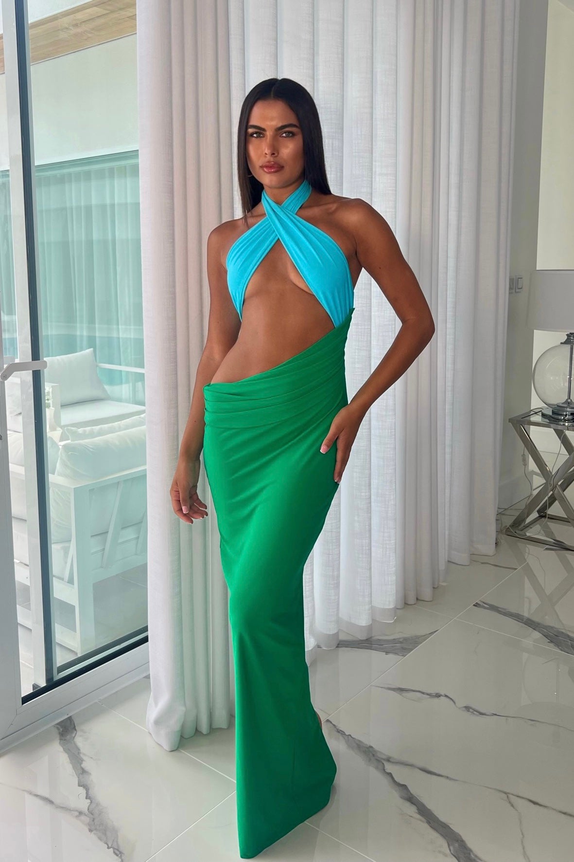 Madison Dress in Aqua & Green