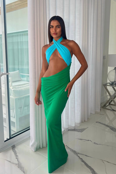 Madison Dress in Aqua & Green