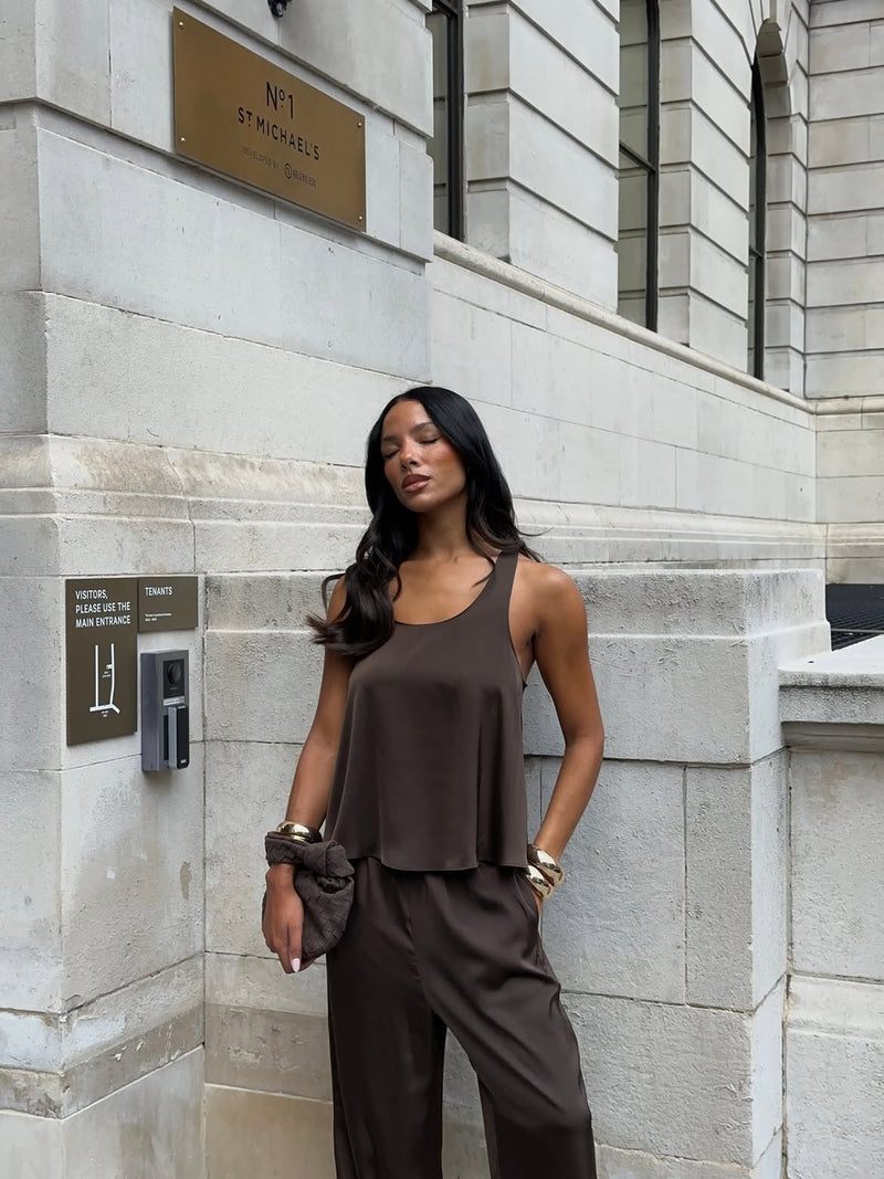 LENI SATIN RACERBACK TANK | CHOCOLATE